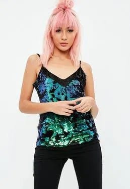 Black Sequin V Neck Camisole with Skinny Jeans