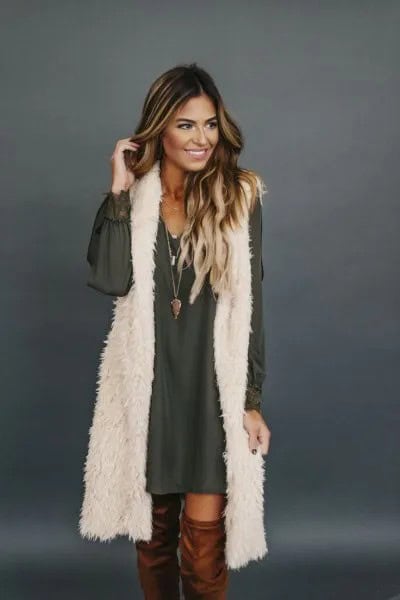 White Longline Faux Fur Vest with Chiffon Long Sleeve Mini Shift Dress