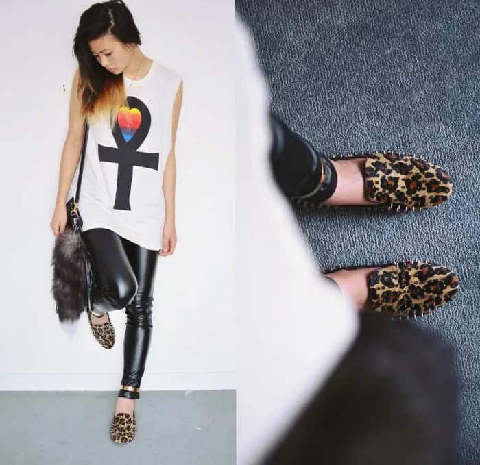 White Sleeveless Graphic Tee with Black Leather Leggings & Leopard Print Spiked Loafers