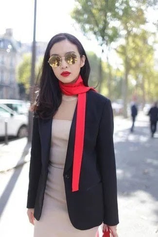 Black Blazer with Gold Thin Scarf & Pale Pink Mini Chiffon Dress