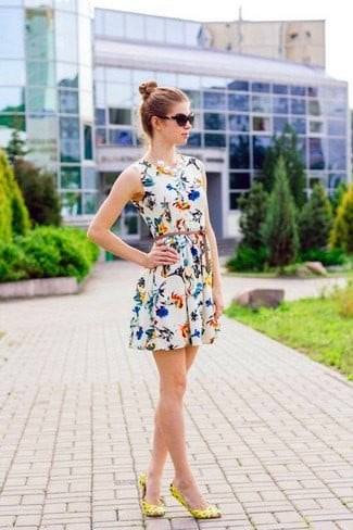 White Belted Skater Dress with Yellow Heels