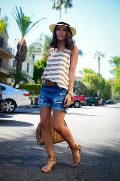 Grey and White Striped Tank Top with Blue Denim Shorts