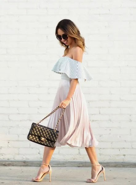 Black and White Off The Shoulder Ruffle Top with Pleated Midi Skirt