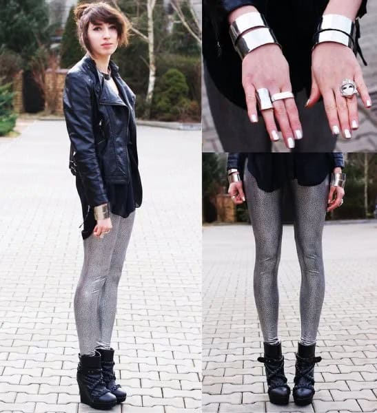 Black Leather Jacket with Black Top & Sequin Leggings