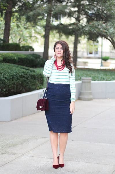 White and Grey Striped Sweater with Navy Lace Midi Wrap Skirt