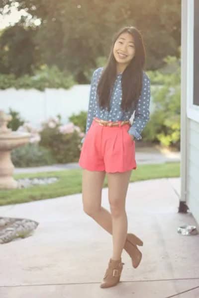 Dark Teal and White Polka Dot Shirt with Pink Shorts