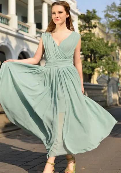 Grey Gathered Waist Deep V Neck Maxi Flared Dress