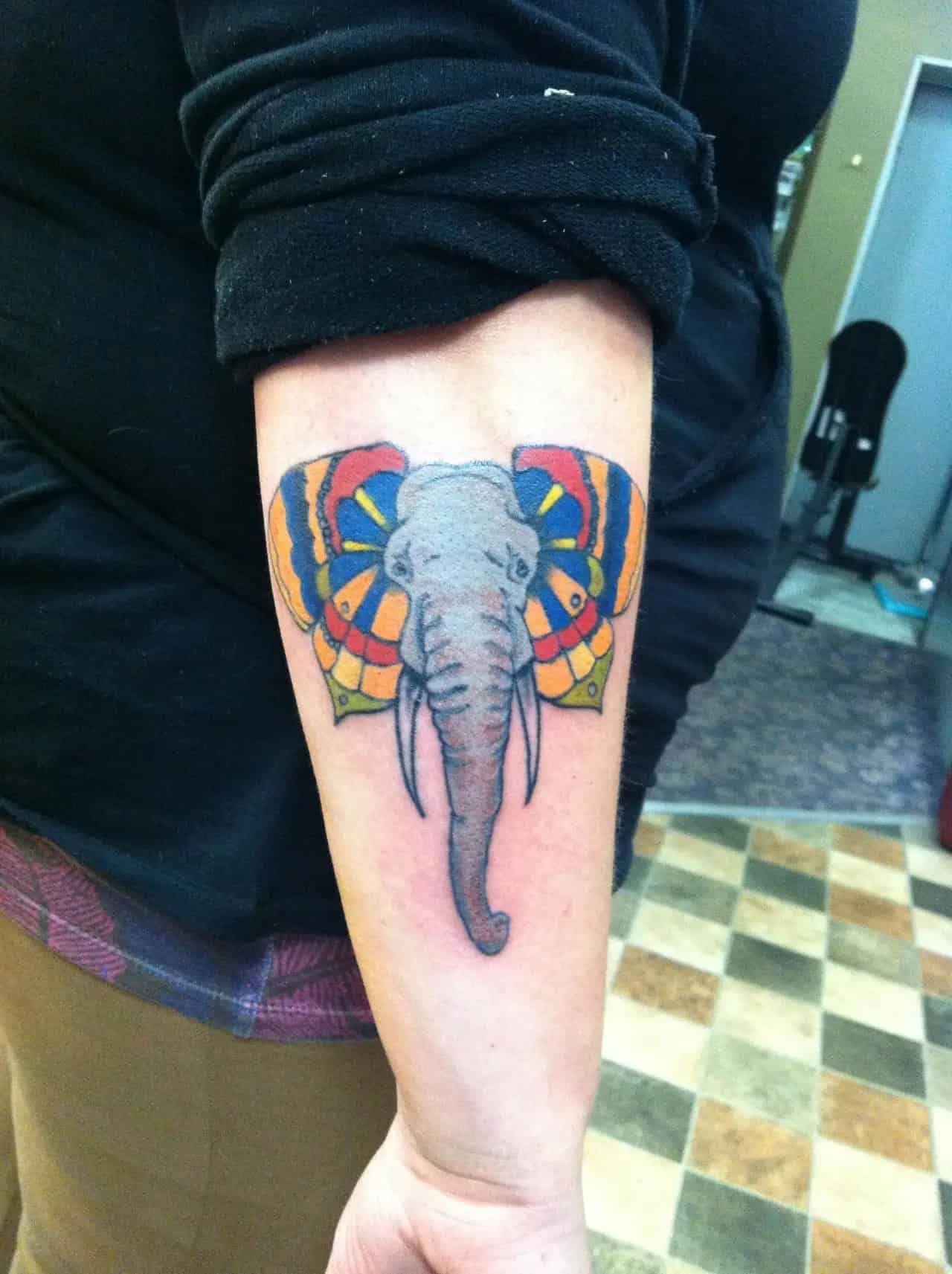 Elephant Head with Butterfly Ear Tattoo on Arm