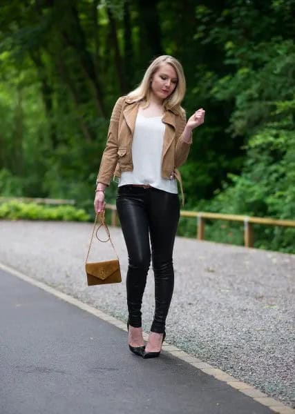 Brown Leather Jacket with White Scoop Neck Tee & Black Leggings