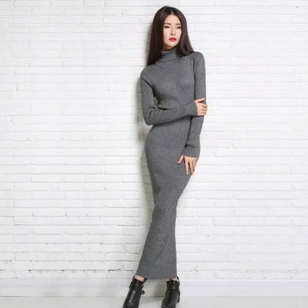 Grey Turtleneck Maxi Dress with Black Leather Boots