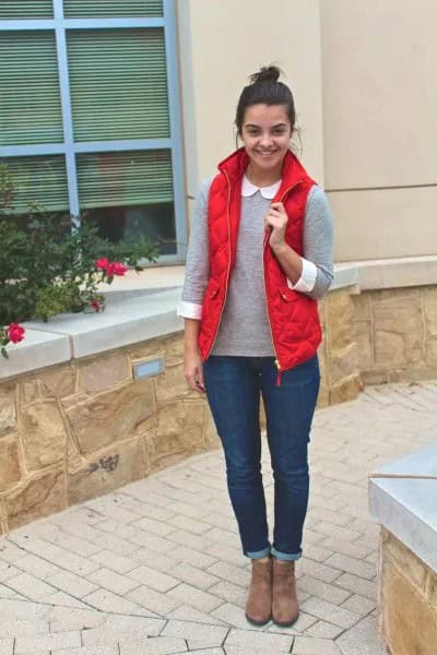 Grey Sweater with Round Collar Shirt & Red Vest