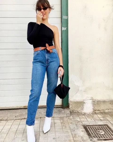 Black One Shoulder Long Sleeve T Shirt with Mom Jeans & White Mini Boots