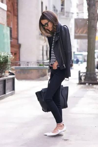 Black Leather Jacket with Striped Tee & White Strappy Pointed Flats