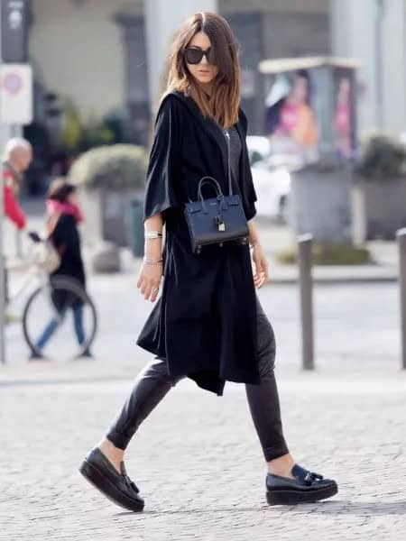 Black Half Sleeve Trench Coat with Leather Leggings & Loafers