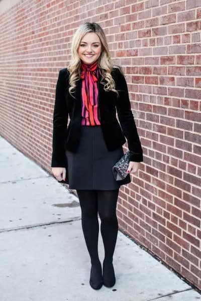 Black Peplum Velvet Jacket with Green and Orange Vertical Striped Blouse