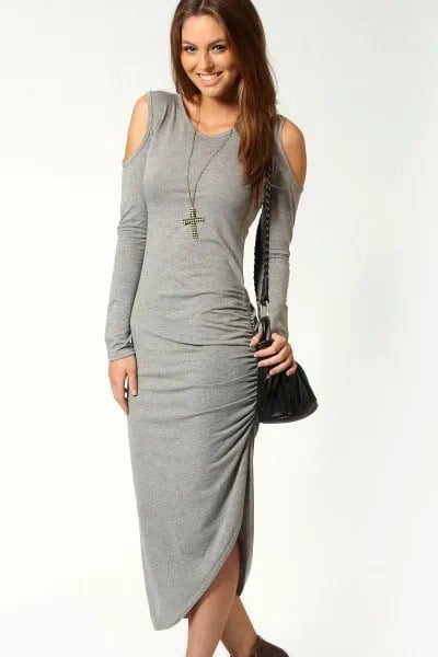 Grey Maxi Bodycon Open Shoulder Dress with Boots