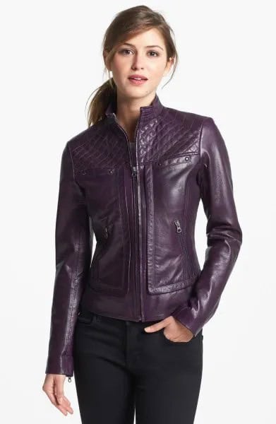 Purple Moto Jacket with Black Skinny Jeans