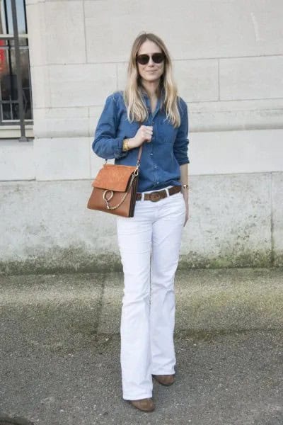 Blue Chambray Button Up Shirt with White Bell Bottom Jeans