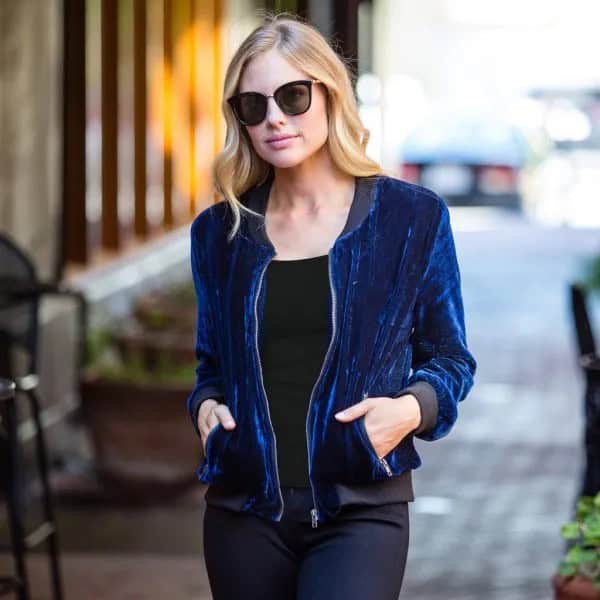 Blue Velvet Bomber Jacket with Black Tee & Skinny Jeans