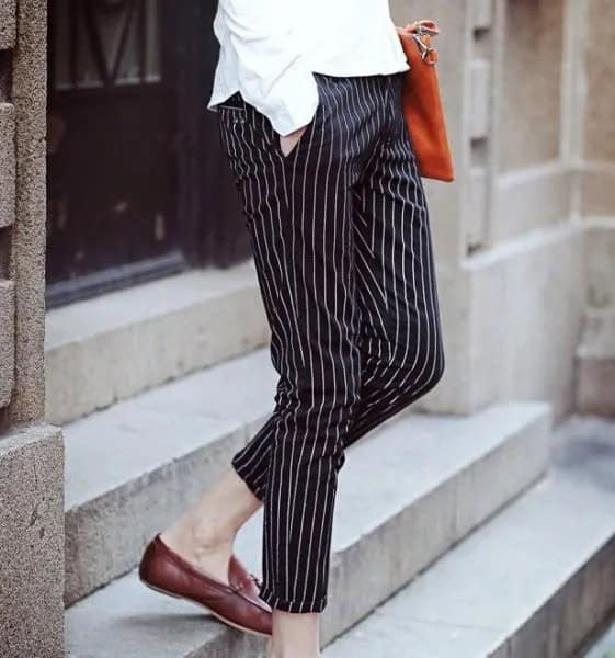 Button Up Shirt with Black and White Striped Cropped Pants