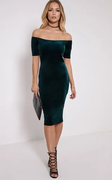 Green Off The Shoulder Velvet Midi Dress