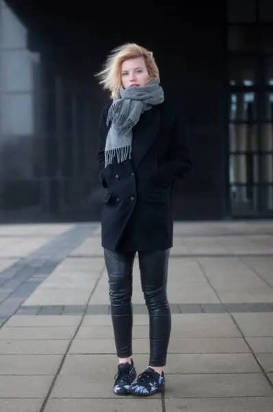 Black Wool Coat with Grey Fringe Scarf & Leather Pants