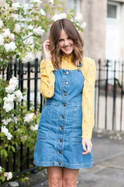 White Printed Button Up Shirt with Denim Button Front Blue Dress