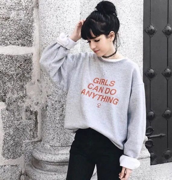 Grey Printed Crew Neck Sweatshirt with Black Jeans