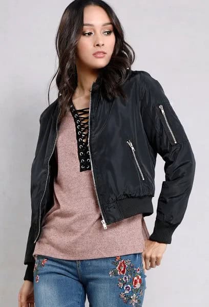 Black Fitted Jacket with Grey Lace Up Tee & Embroidered Jeans