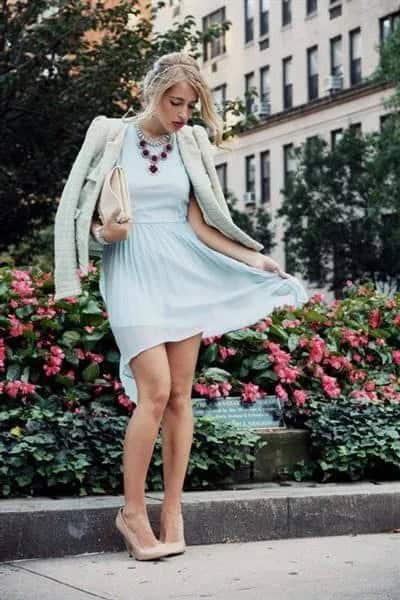 Light Blue Fit and Flare Chiffon Mini Dress with Pale Pink Leather Jacket