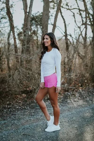 White Long Sleeve Fitted T Shirt with Pink High Waisted Mini Running Shorts