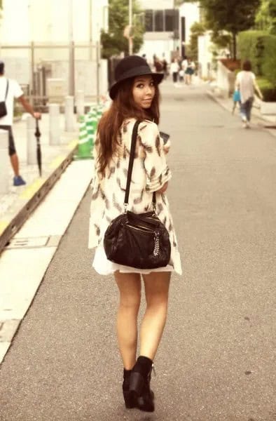 Pale Yellow Cardigan with White Mini Skater Dress