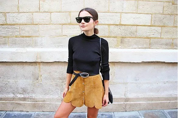 Black Sweater with Scalloped Hem Suede Mini Skirt