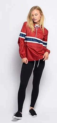 Red Pullover Windbreaker with Black Leggings & Sneakers