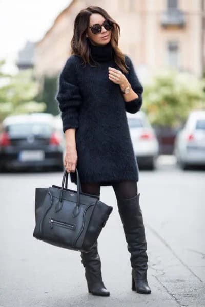 Fuzzy Turtleneck Sweater Dress with Leather Boots