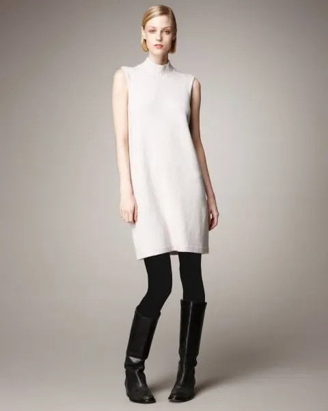 White Mock Neck Sleeveless Cashmere Longline Sweater with Leggings & Boots