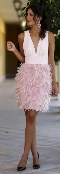 White Sleeveless Deep V Neck Dress with Pink Feathers