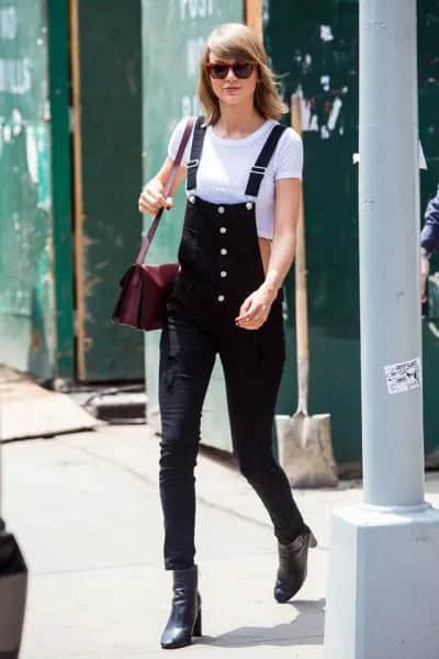 White Cropped T Shirt with Black Button Front Denim Overalls