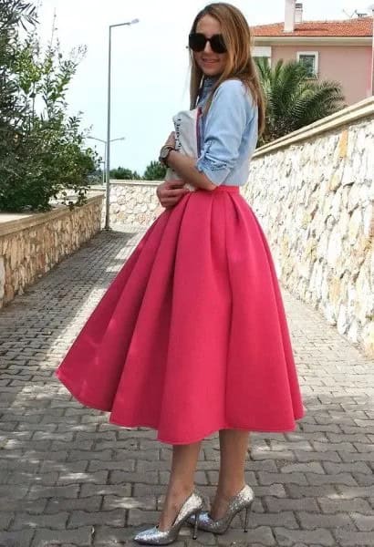 Light Blue Chambray Shirt with Pink Flared Midi Dress & Silver Heels