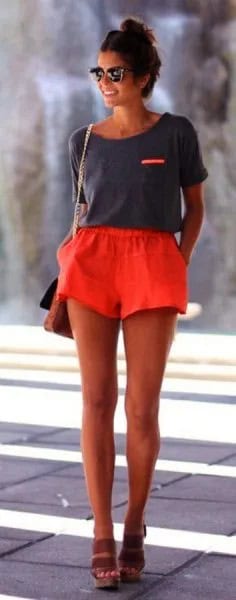 Grey Scoop Neck T Shirt with Flowy Shorts