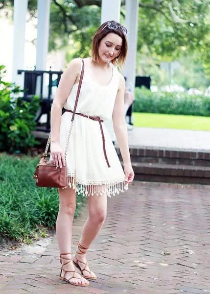 White Belted Skater Tassel Dress