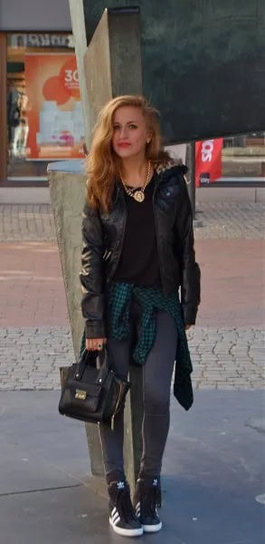 Black Moto Jacket with Grey Leggings & High Top Hidden Wedge Sneakers