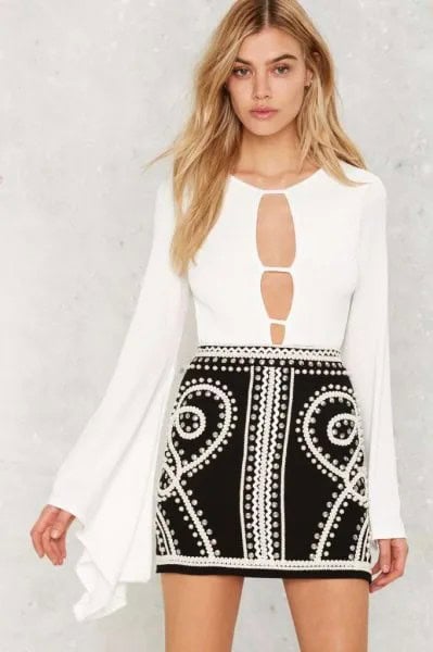 White Cutout Front Bell Sleeve Bodysuit Blouse with Black Mini Skirt