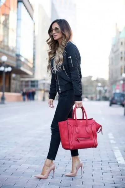 Black Bomber Jacket with Ankle Jeans & Pale Pink Heels