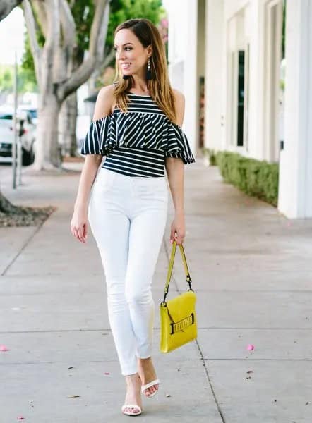 Black and White Striped Cold Shoulder Ruffle Top With Yellow Leather Purse