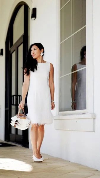 White Sleeveless Feather Hem Shift Dress