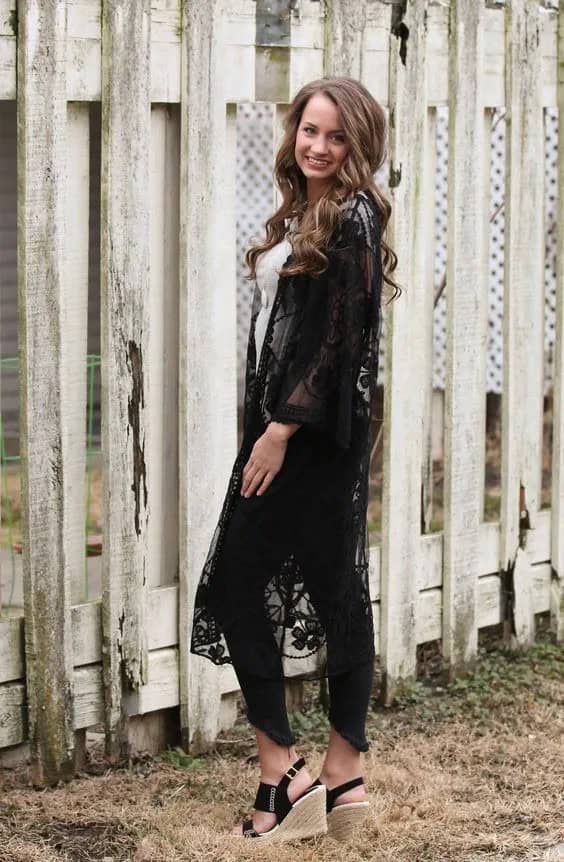 Black and White Combination + Black Lace Kimono