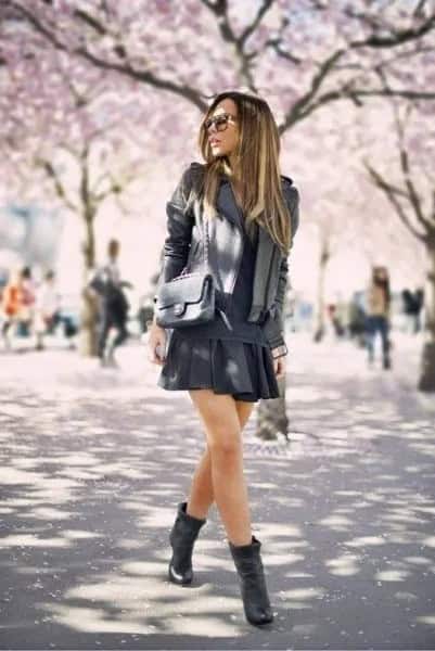 Black Mini Skirt with Leather Jacket & Ankle Boots