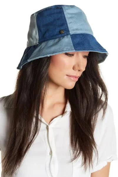 Blue Patch Denim Bucket Hat with White Polo Shirt & Cargo Pants