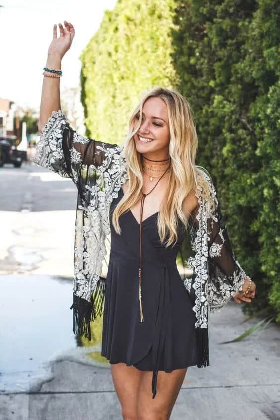 White Lace Details + Black Lace Kimono